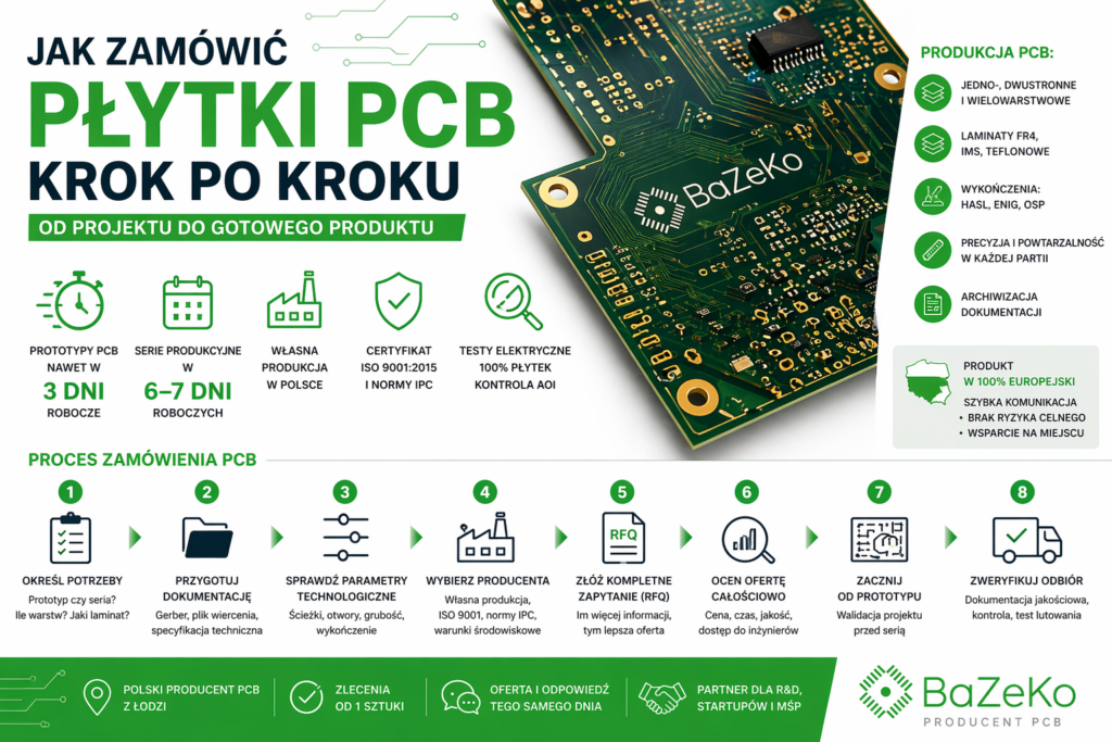 Jak zamówić płytki PCB krok po kroku – infografika produkcji PCB, dokumentacja Gerber, parametry techniczne i wybór producenta