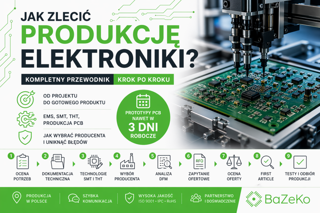 Proces produkcji elektroniki krok po kroku – infografika EMS, PCB, SMT i THT z montażem płytek drukowanych