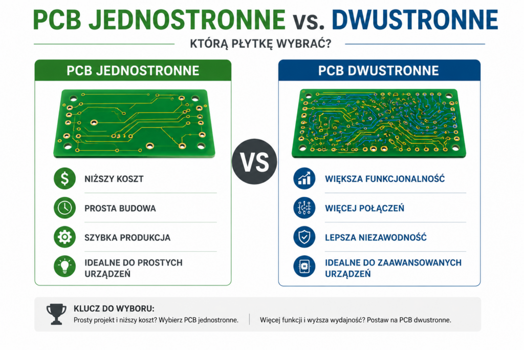 Porównanie PCB jednostronnych i dwustronnych – infografika pokazująca różnice w budowie, kosztach i zastosowaniach płytek drukowanych