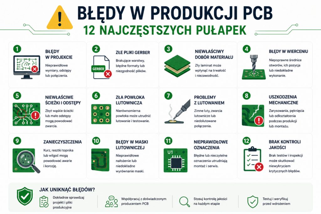 Najczęstsze błędy w produkcji PCB – infografika pokazująca problemy z projektowaniem, plikami Gerber, lutowaniem i kontrolą jakości płytek drukowanych