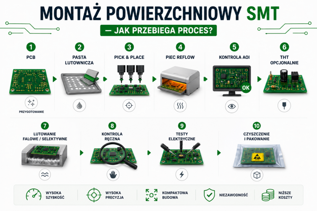 Proces montażu powierzchniowego SMT – infografika pokazująca etapy produkcji elektroniki PCB od pasty lutowniczej po testy i kontrolę AOI