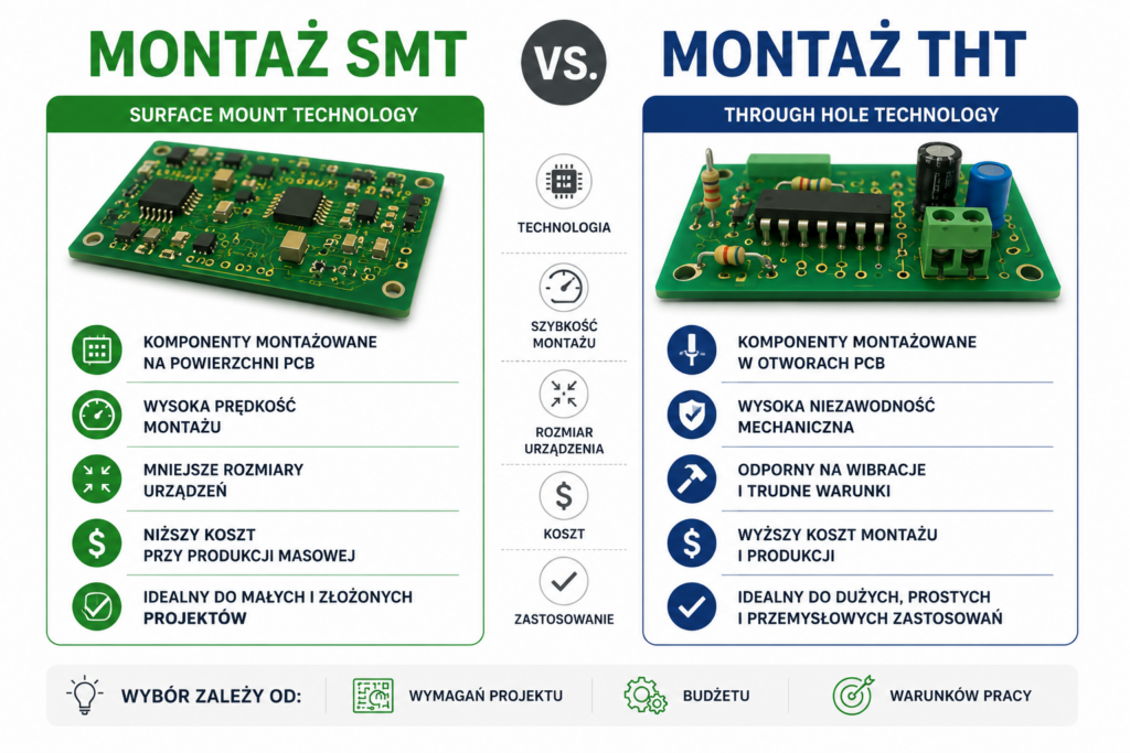 Porównanie montażu SMT i THT – infografika pokazująca różnice technologii montażu komponentów elektronicznych na PCB