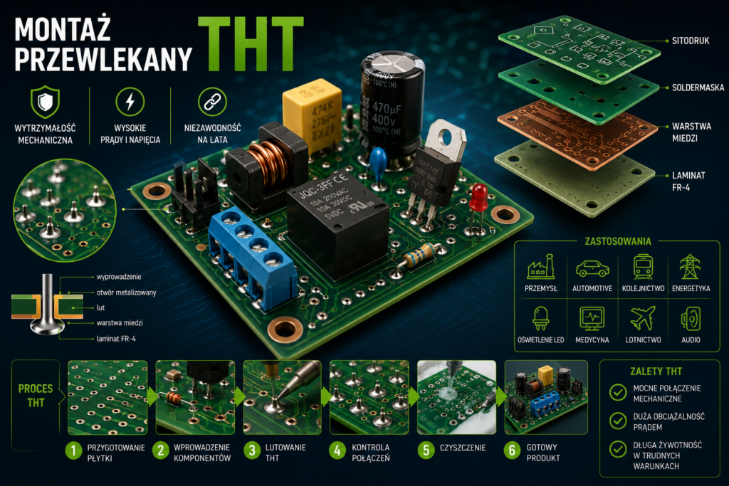 Infografika przedstawiająca montaż przewlekany THT na płytce PCB z elementami takimi jak przekaźniki, kondensatory, transformatory i złącza. Grafika pokazuje budowę połączenia THT, proces lutowania oraz zastosowania technologii w przemyśle, energetyce, automotive, medycynie i lotnictwie.