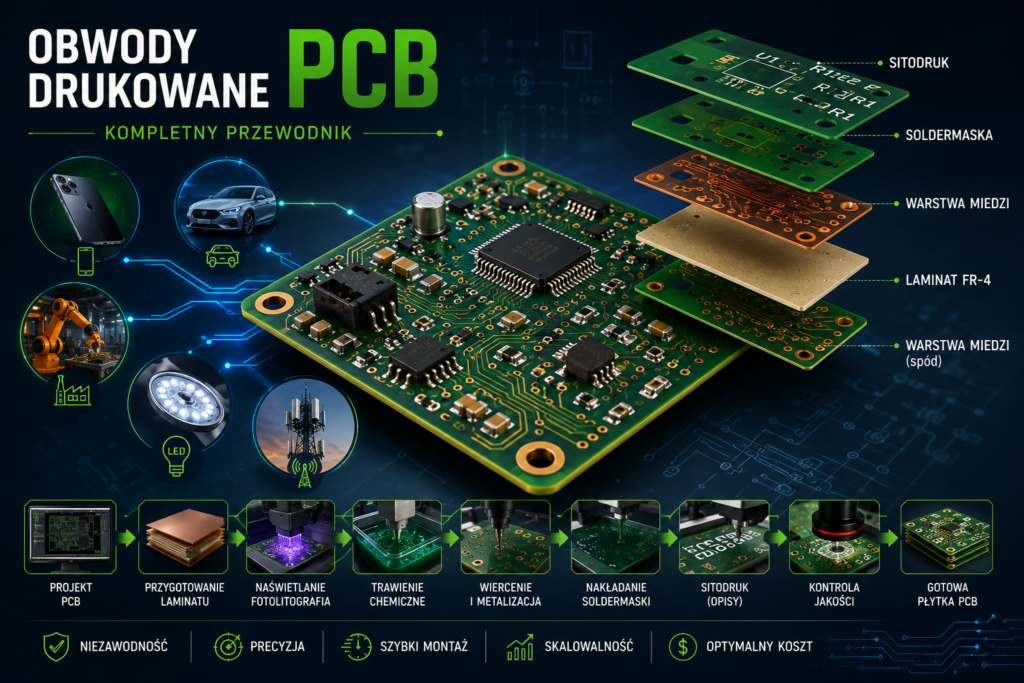 Trójwymiarowa płytka drukowana PCB z widocznymi warstwami laminatu, ścieżkami miedzianymi, przelotkami i komponentami elektronicznymi na technologicznym tle.