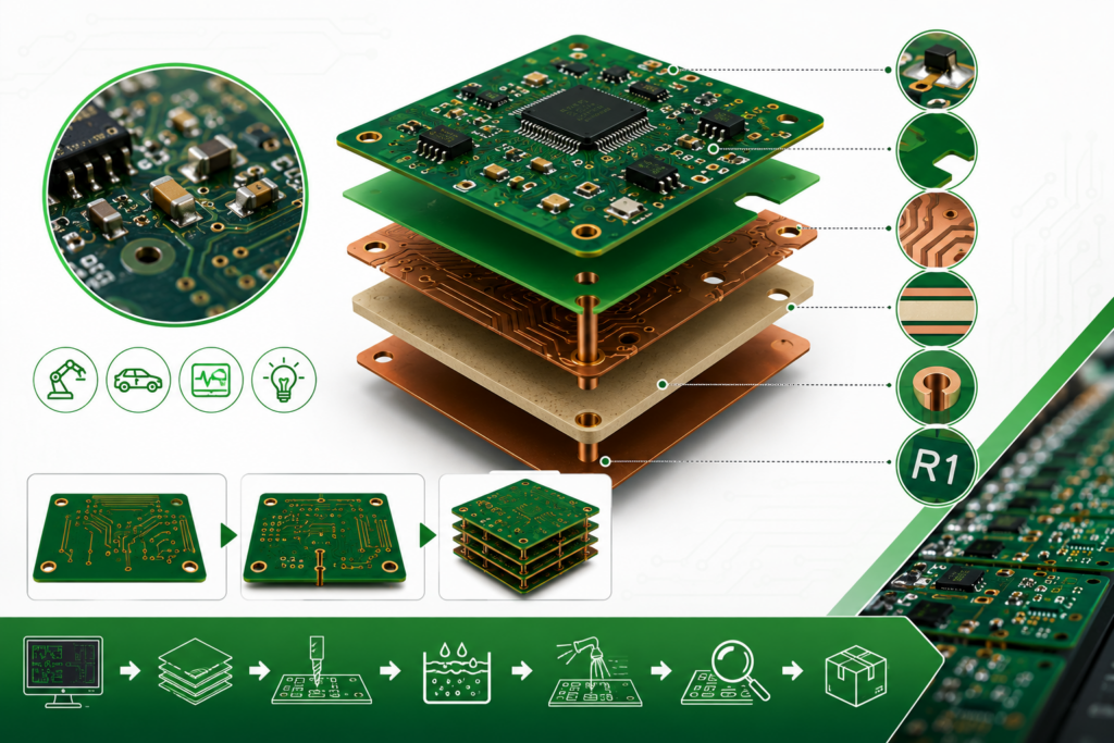 Budowa płytki drukowanej PCB – grafika pokazująca warstwy laminatu, ścieżki miedziane, pady, przelotki, komponenty elektroniczne i proces produkcji PCB