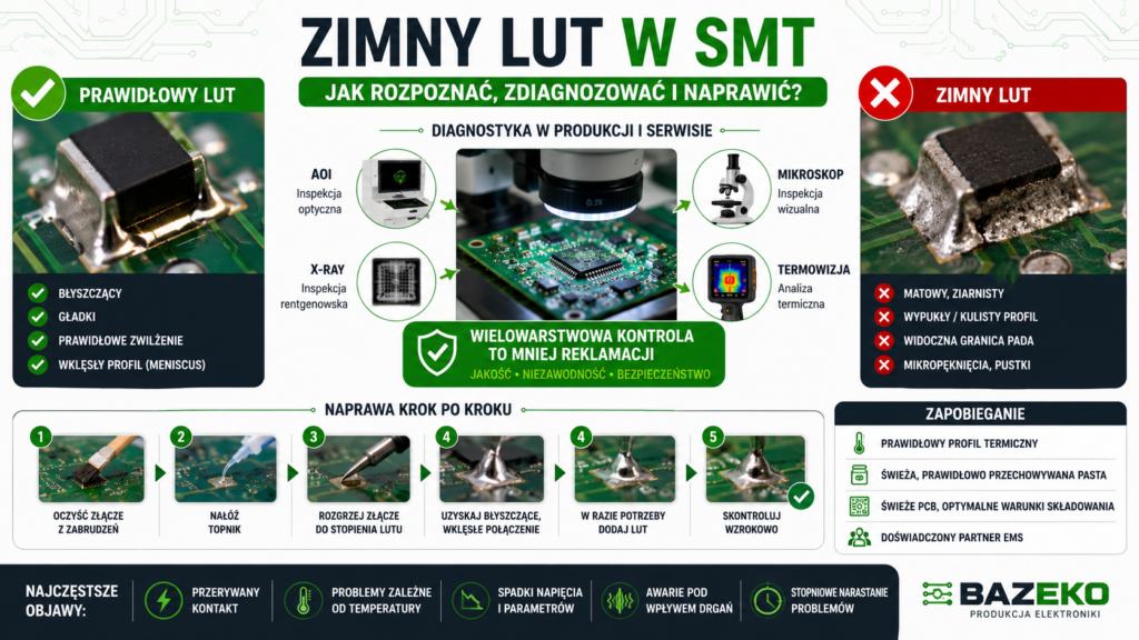 Infografika przedstawiająca zimny lut w montażu SMT, porównanie prawidłowego i wadliwego połączenia lutowniczego, przyczyny powstawania, metody diagnostyki AOI, X-ray, termowizję oraz sposoby naprawy i zapobiegania wadom lutowniczym w produkcji elektroniki.