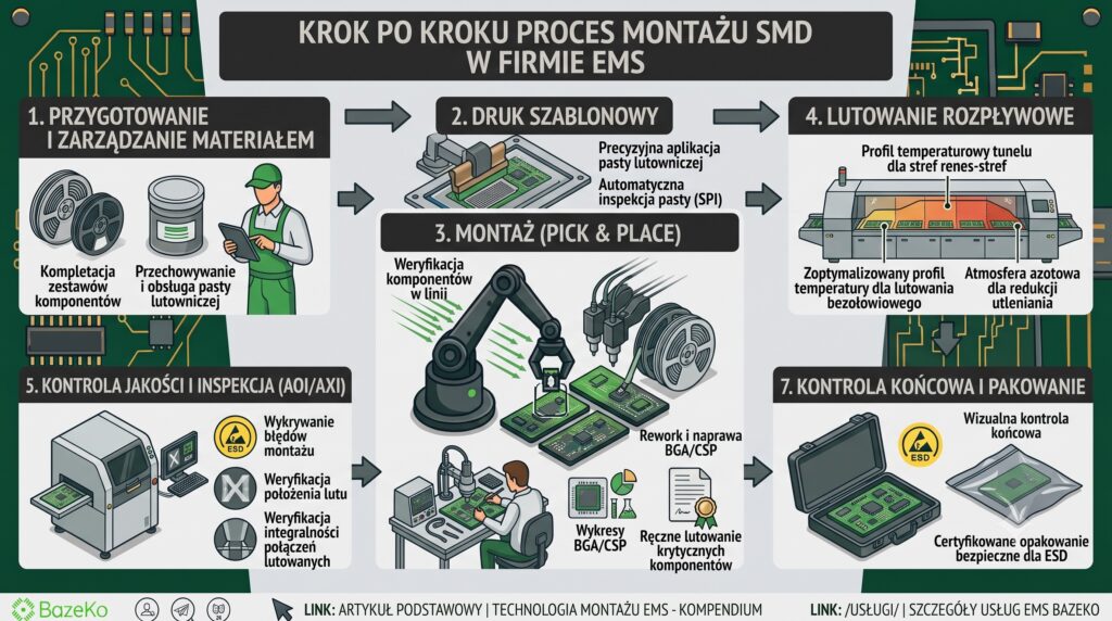 Kompleksowa infografika techniczna firmy BazeKo zatytułowana „Krok po kroku proces montażu SMD w firmie EMS”, przedstawiona na tle zielonej płyty PCB. Ilustracja podzielona jest na 7 numerowanych etapów z opisami w języku polskim. Etap 1: Przygotowanie i zarządzanie materiałem (rolki komponentów, pasta, pracownik). Etap 2: Druk szablonowy (nakładanie pasty i inspekcja SPI). Etap 3: Montaż Pick & Place (zrobotyzowane ramię i stacja naprawcza BGA/CSP). Etap 4: Lutowanie rozpływowe (piec tunelowy i profil temperatury). Etap 5: Kontrola jakości i inspekcja (maszyna AOI/AXI z monitoringiem błędów, lutu i integralności). Etap 7: Kontrola końcowa i pakowanie (płytka w walizce i opakowaniu bezpiecznym dla ESD). Na dole logo BazeKo i linki do kompendium technologii EMS.