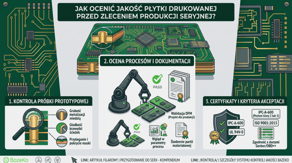 Szczegółowa infografika techniczna firmy BazeKo zatytułowana „Jak ocenić jakość płytki drukowanej przed zleceniem produkcji seryjnej?”. Grafika podzielona jest na trzy główne sekcje. Sekcja 1 pokazuje kontrolę prototypu: przekrój przelotki pod lupą, analizę grubości miedzi, gładkości ścieżek i przylegania maski. Sekcja 2 ilustruje ocenę procesów: zrobotyzowane ramię montażowe, walidację DFM, wgląd w parametry procesu i śledzenie partii materiałowej. Sekcja 3 przedstawia certyfikaty: tarczę ochronną z logo IPC-A-600, ISO 9001:2015, UL 94V-0 oraz checklistę zgodności z danymi Gerber/OBD++. Na dole baner z danymi kontaktowymi BazeKo.