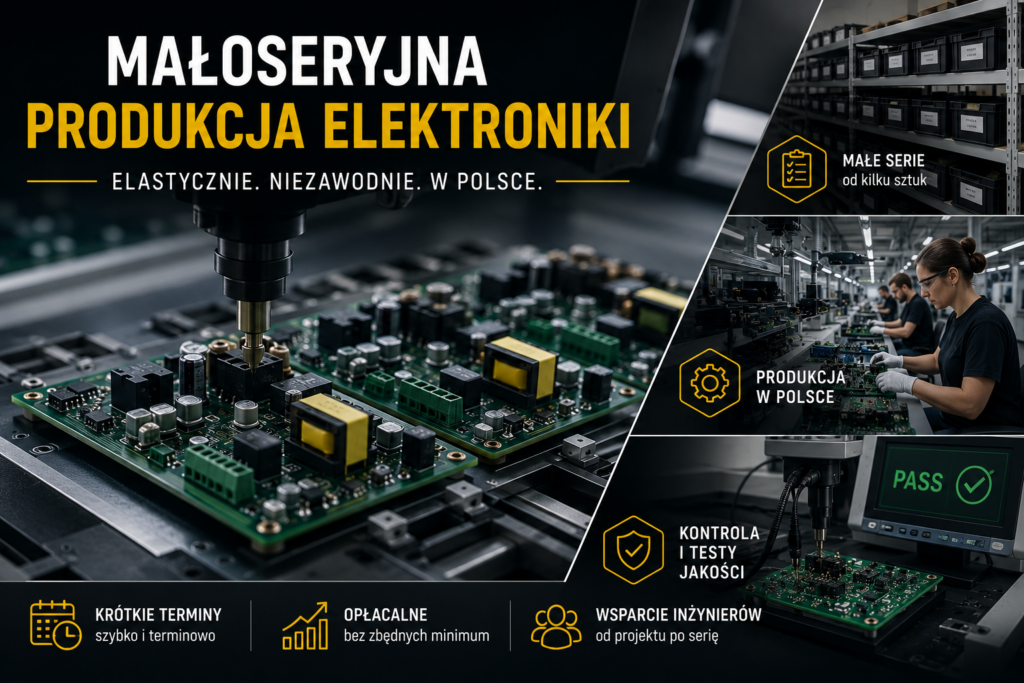 Małoseryjna produkcja elektroniki – montaż płytek PCB na linii produkcyjnej EMS z komponentami SMT i THT.