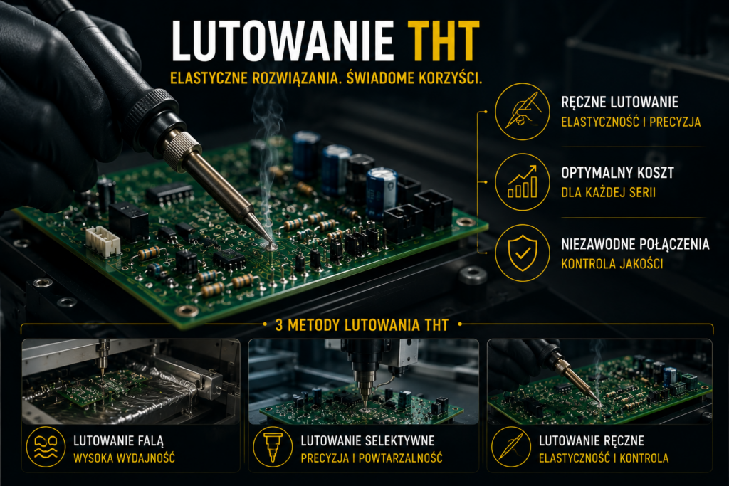 Ręczne lutowanie THT płytki PCB przez operatora z użyciem lutownicy, porównanie metod lutowania elektroniki
