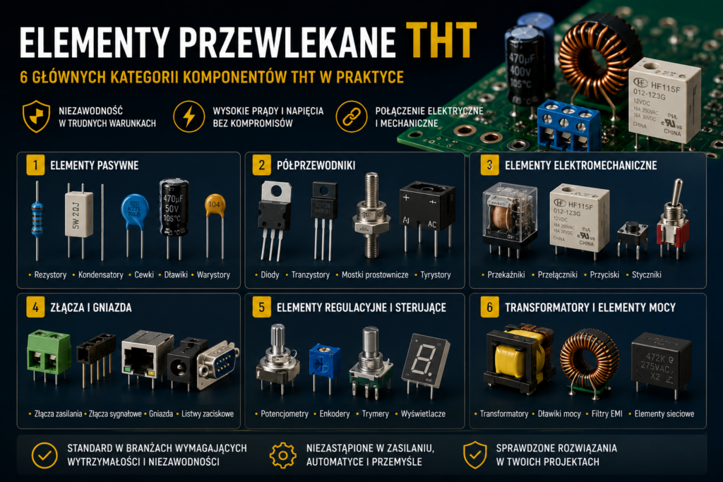 Elementy przewlekane THT na płytce PCB – rezystory, kondensatory, półprzewodniki, przekaźniki, złącza i elementy mocy